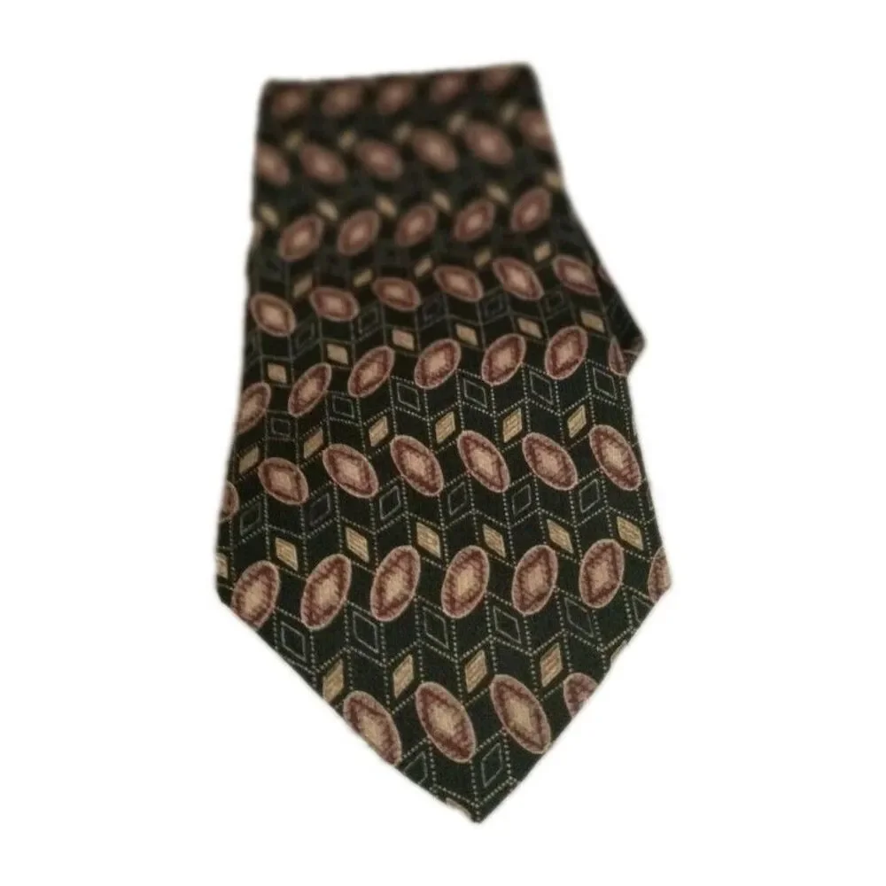 Chaps Ralph Lauren Black Red Tan  Geometric Print Neck Tie Silk USA A26